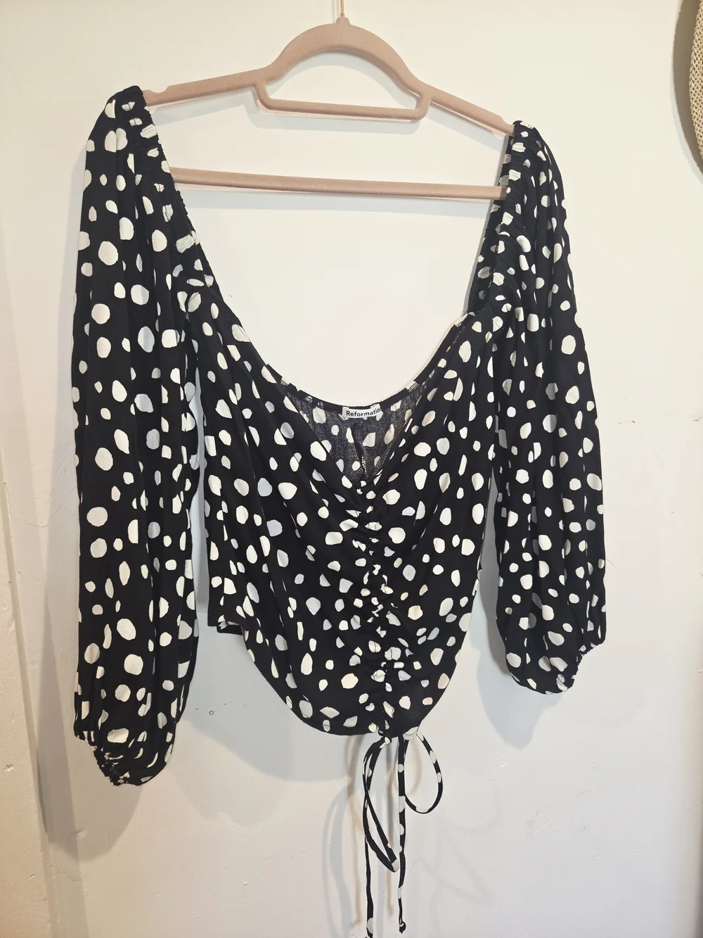 Reformation Black and White Polka Dot Ruched Square-Neck Crop Top